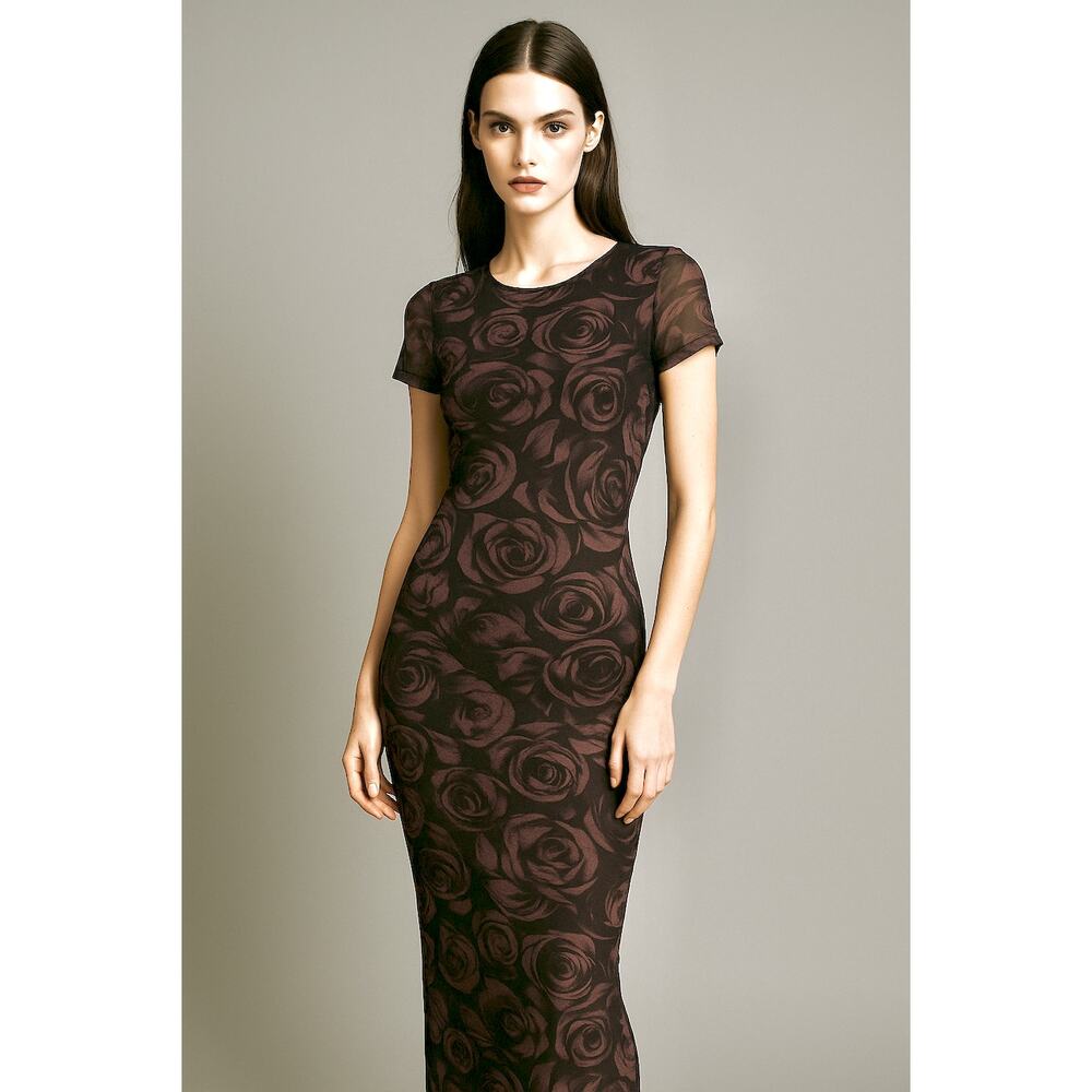 Vintage 90s Sheer Mesh Rose Grunge Maxi Dress Gothic Floral Elana Gilbert XS